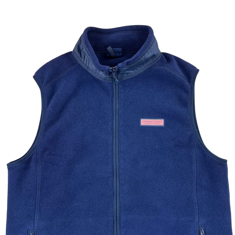 Vineyard Vines Fleece Vest Men's Medium Blue Full Zip Pockets Whale Hiking‎